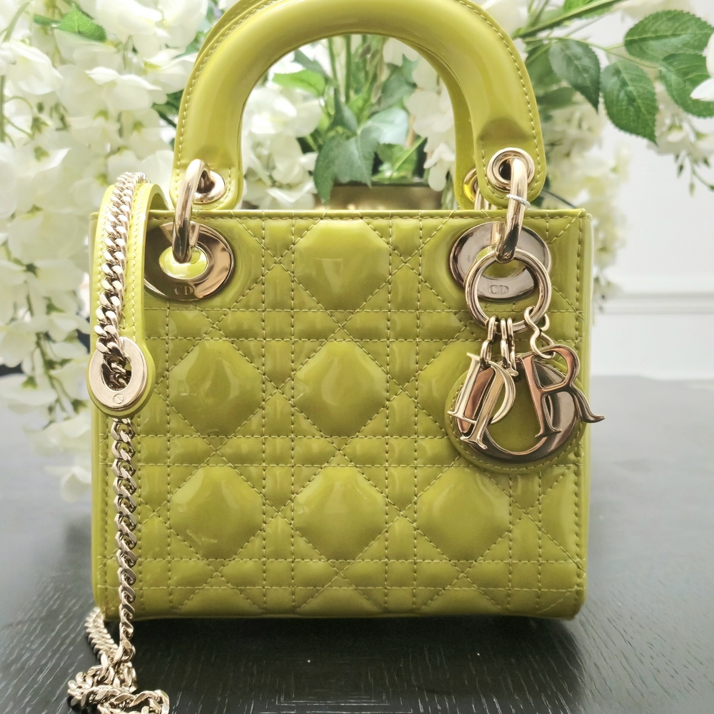 Lady Dior Patent Cannage Mini Lime Green With Gold Hardware bag.